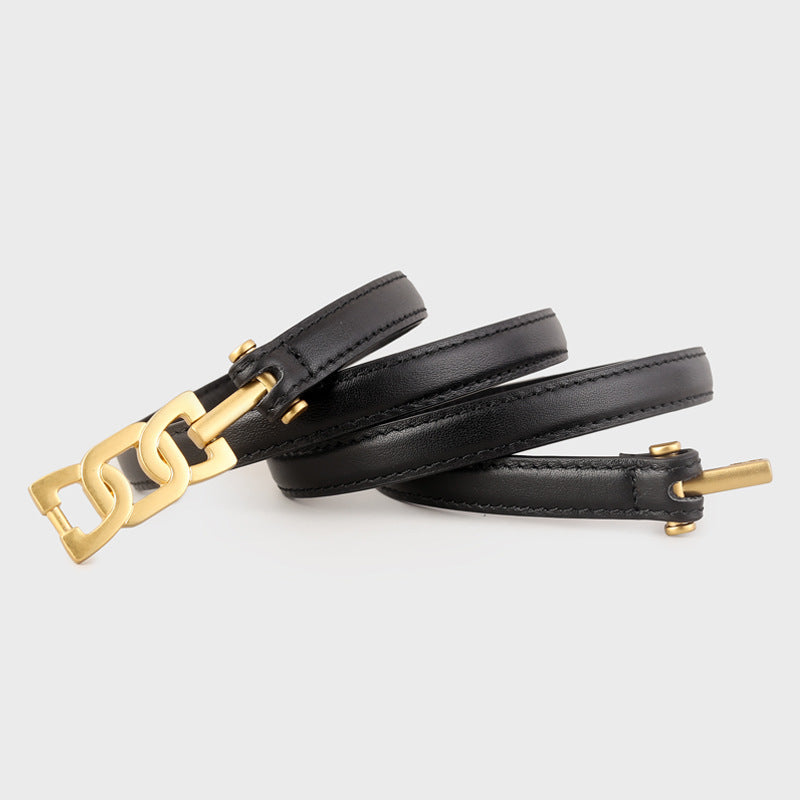 Gold buckle skinny leather belt coiled