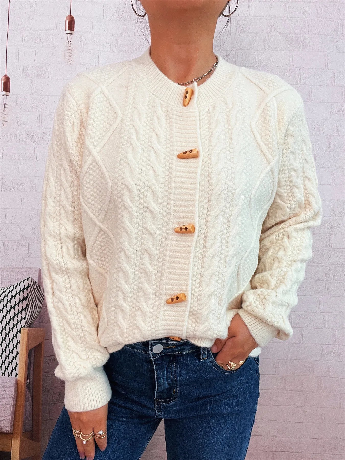 Cable Knit Button-Up Cardigan - Fashorio