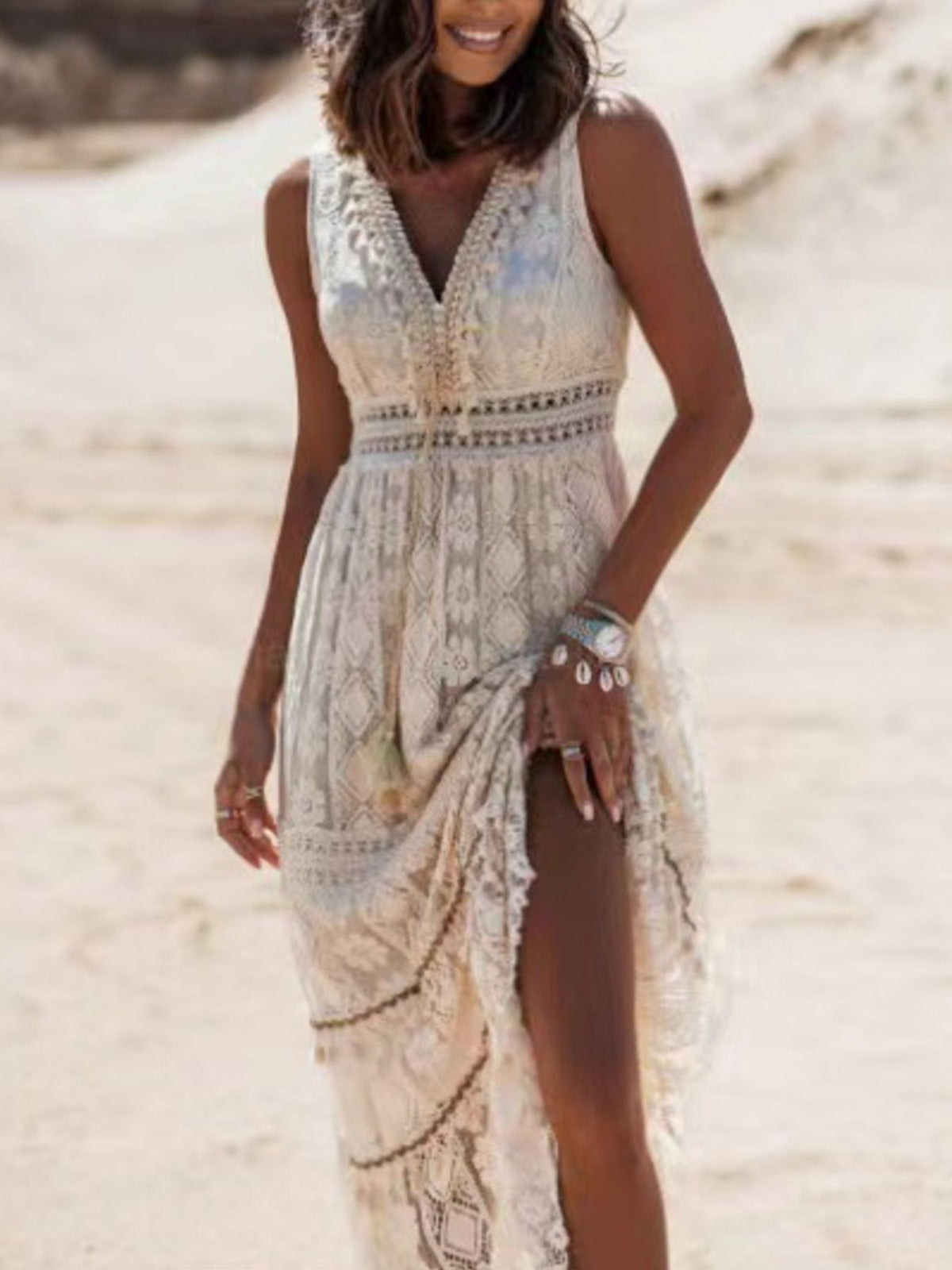 Lace V neck sleeveless maxi dress front view