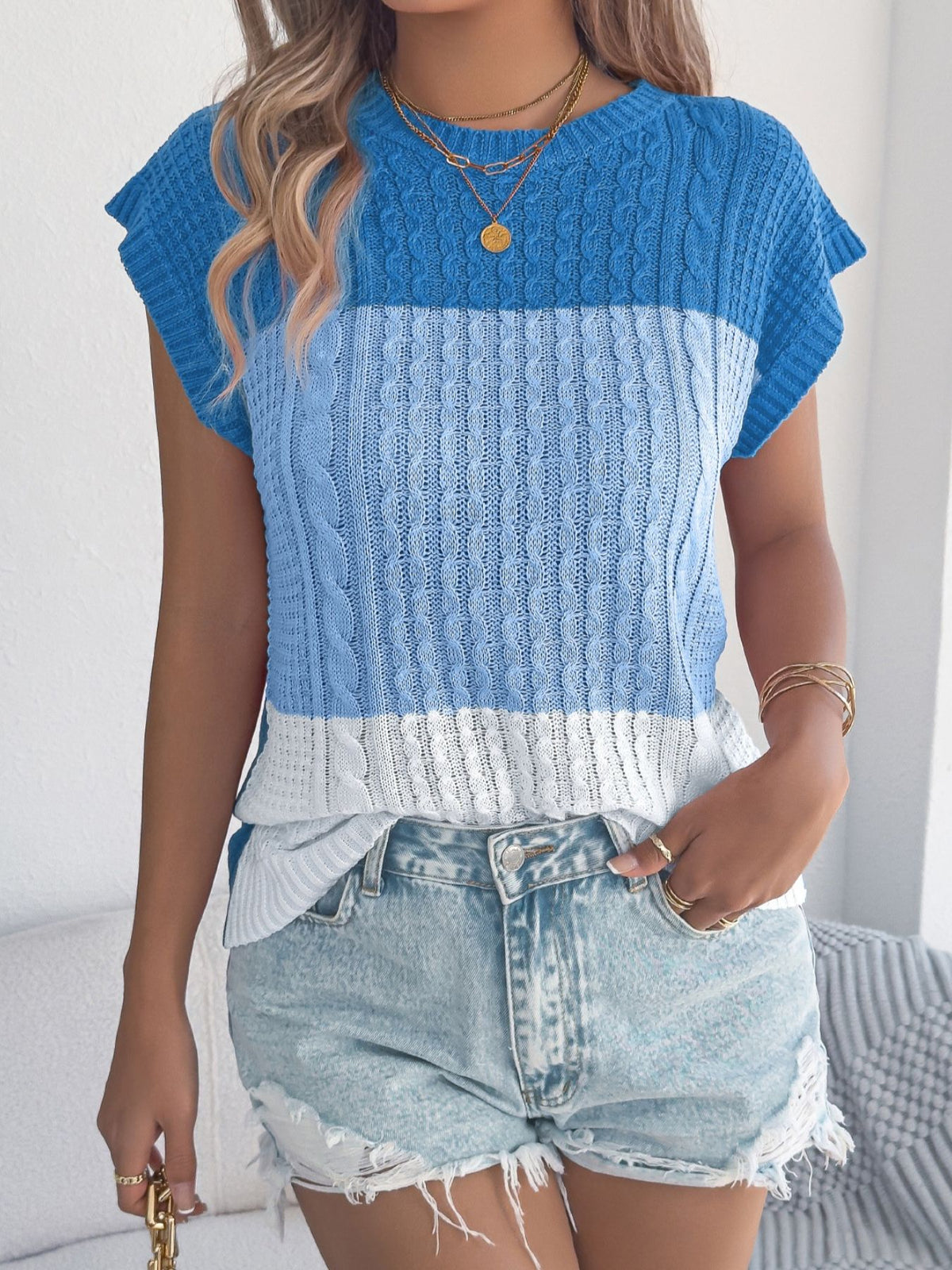 Color Block Cable Knit Sweater, view 9