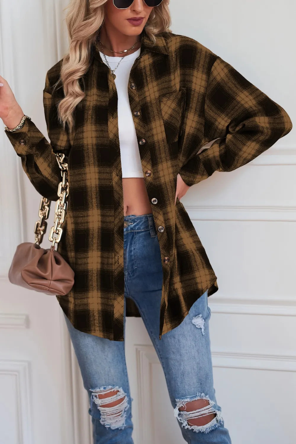 Plaid Button Up Dropped Shoulder Outerwear Caramel - Fashorio