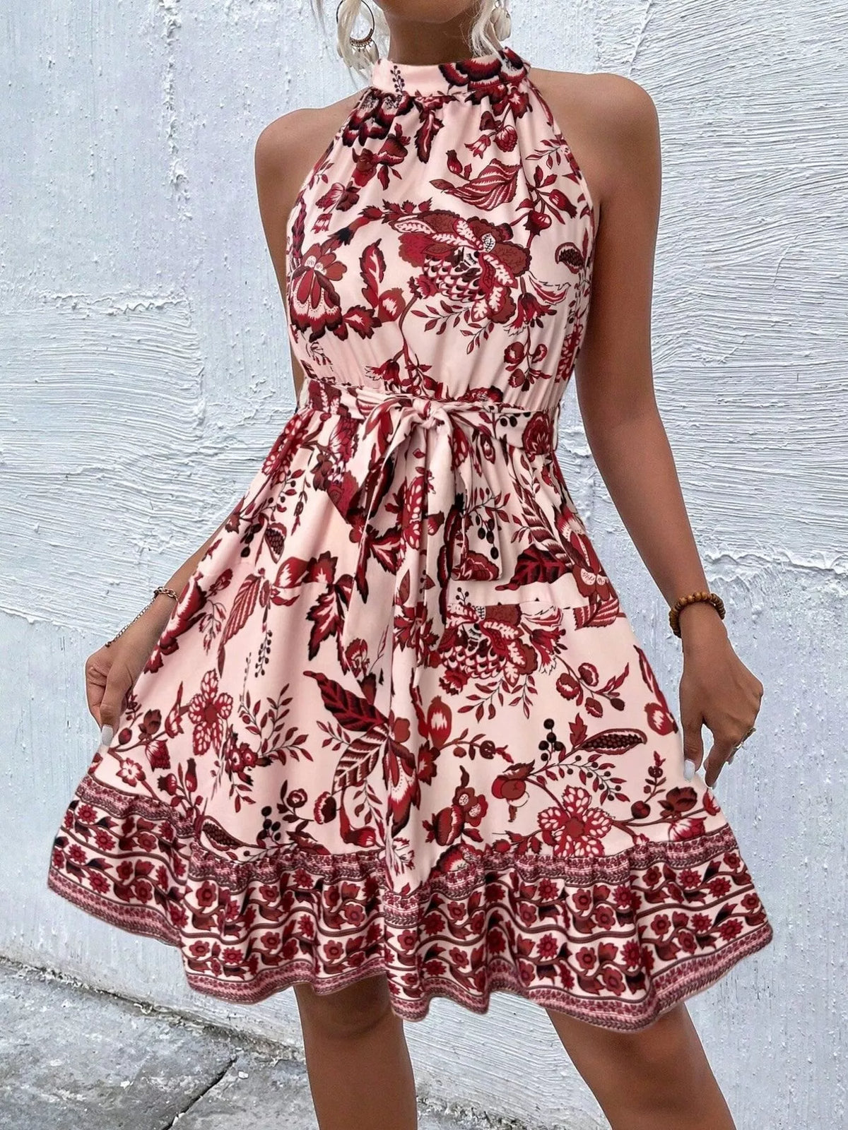 Printed sleeveless tie waist midi dress styled outfit view