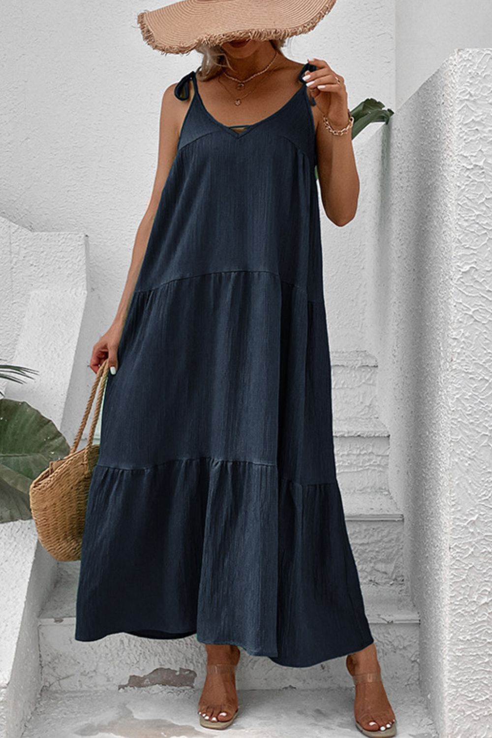 Tie shoulder tiered sleeveless maxi dress detail of the fabric and print