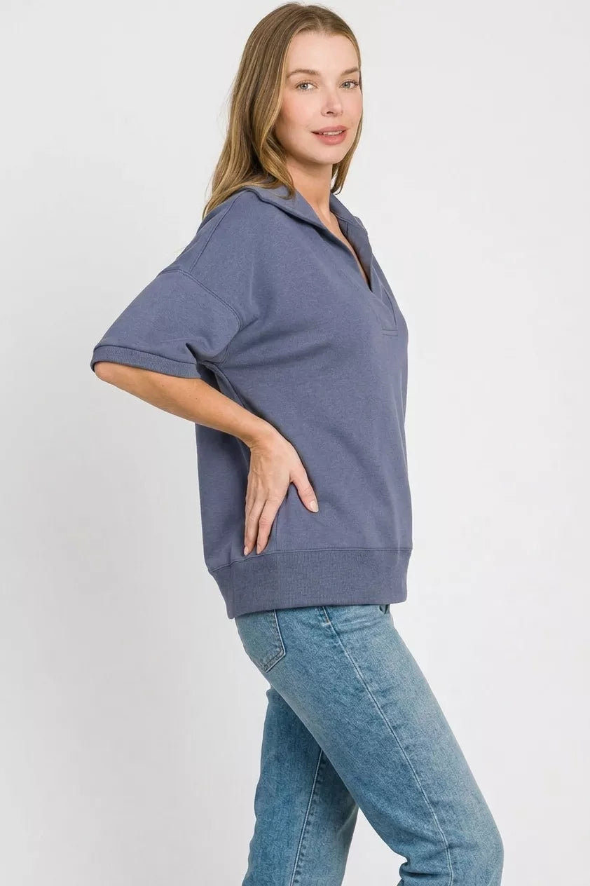 Blue indigo short sleeve scuba pullover back view