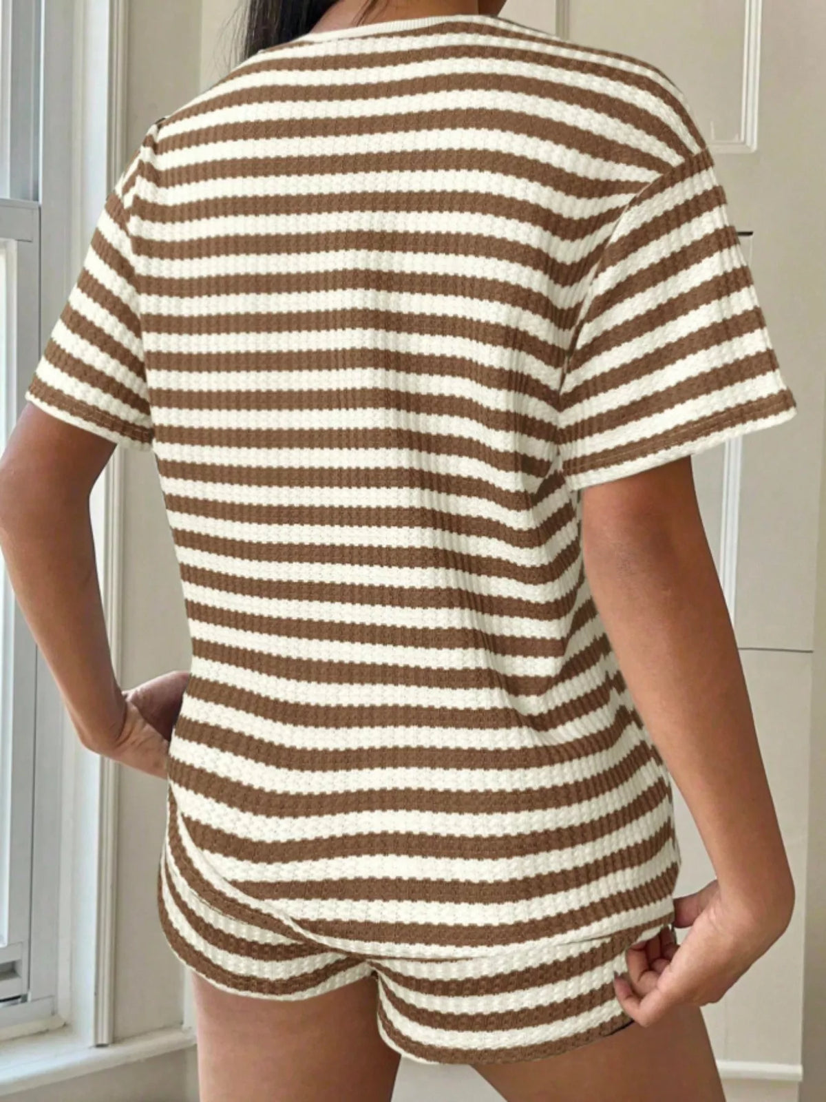Striped round neck two piece shorts set styled