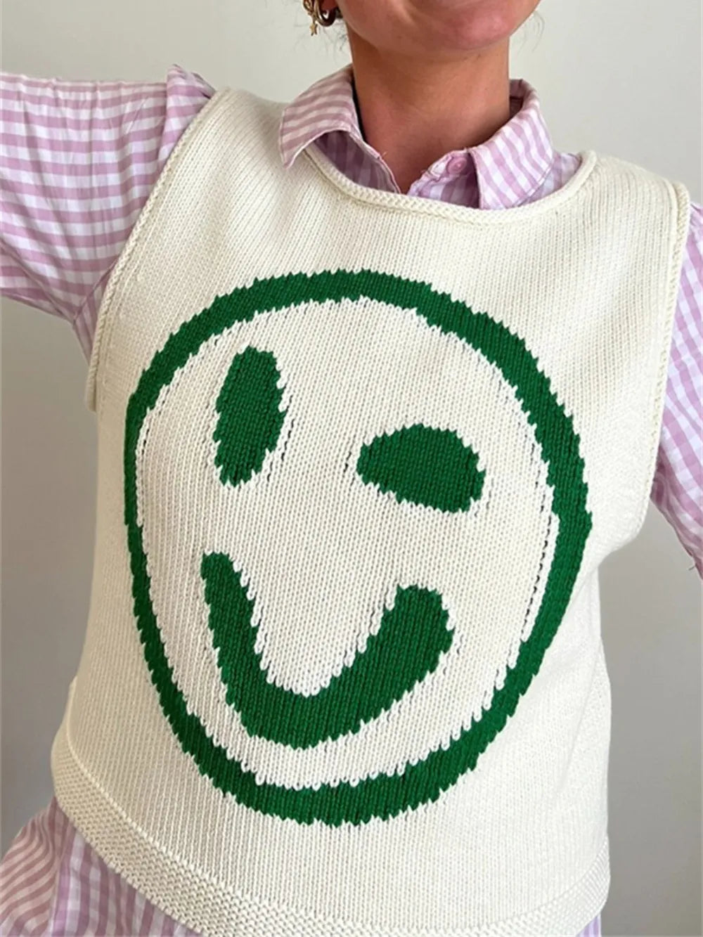 Smiley Face Round Neck Sweater Vest in Mustard detail