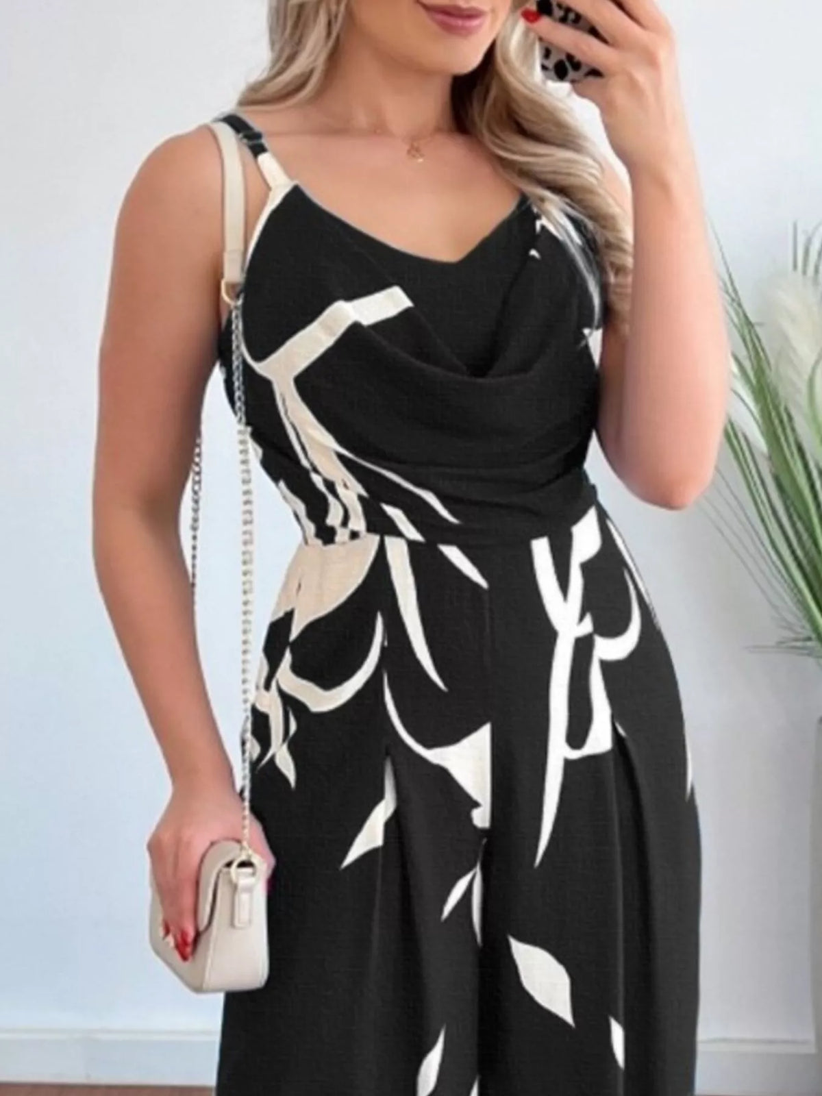 Wide leg spaghetti strap jumpsuit in solid colour full length view