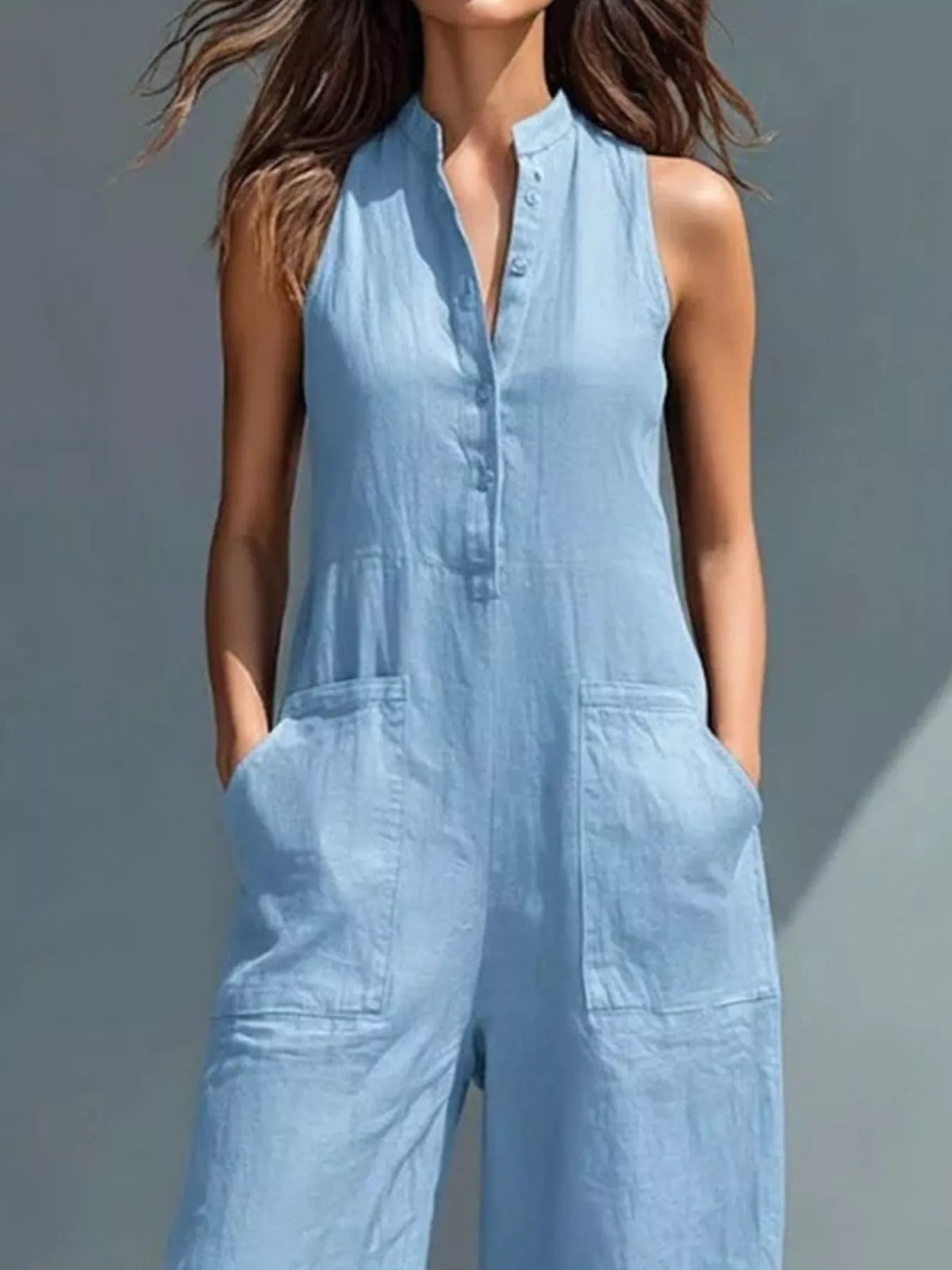 Button front jumpsuit sky blue color