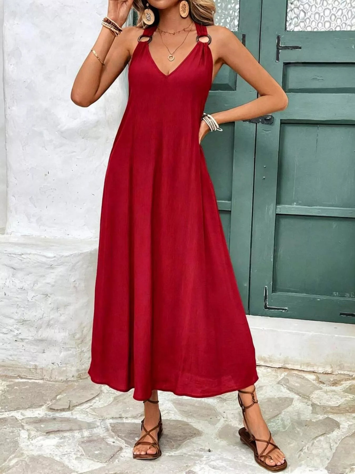 Burgundy V neck sleeveless midi dress styled look