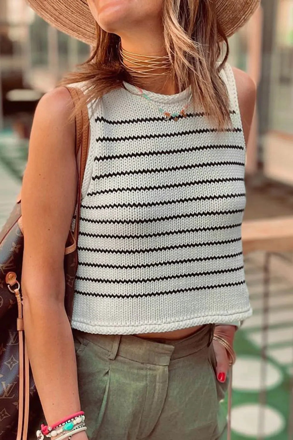 Striped Round Neck Knit Tank - Fashorio