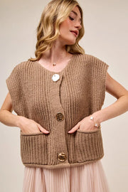 SO ME Big Metal Button Front Sweater Vest COFFEE - Fashorio