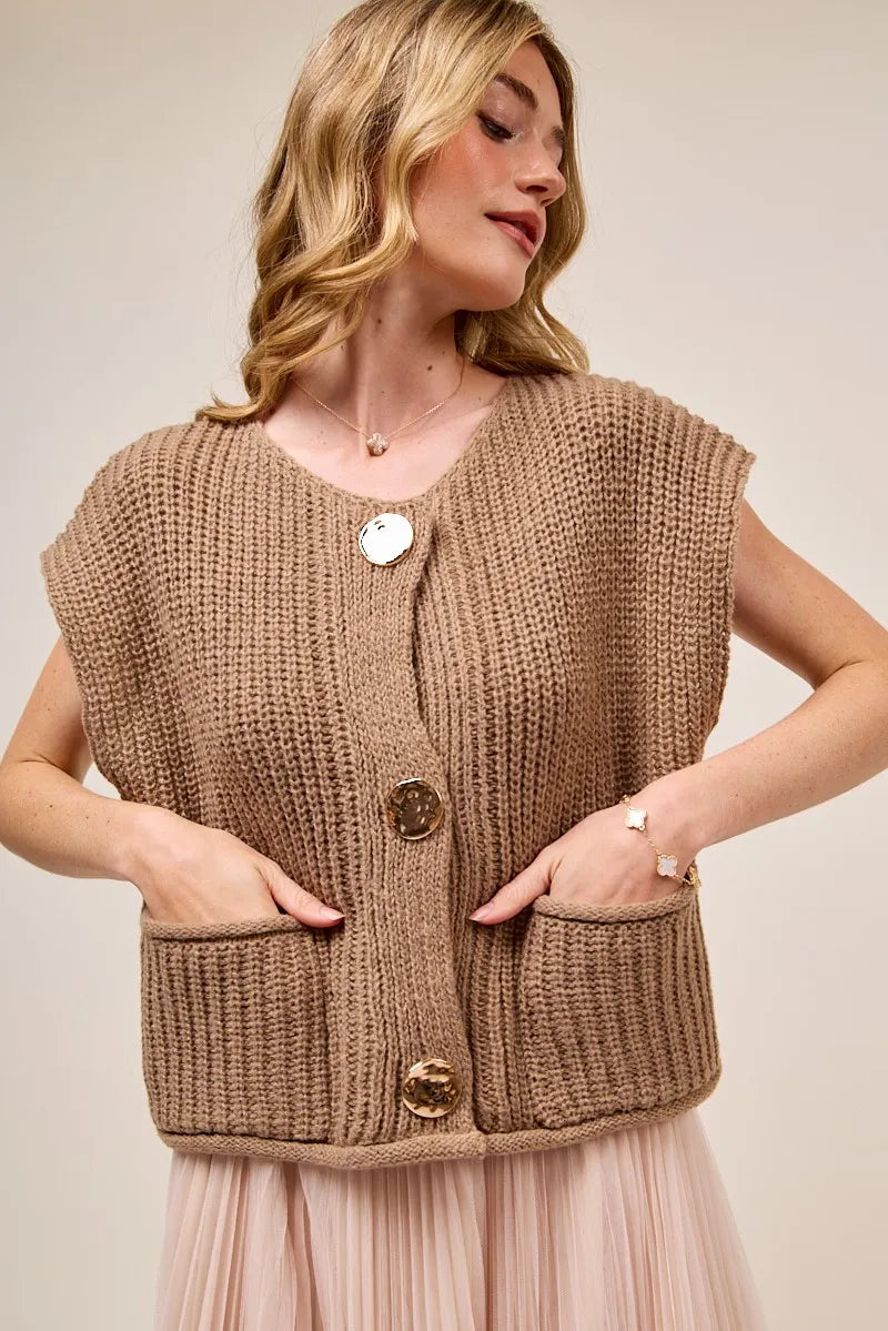 SO ME Big Metal Button Front Sweater Vest COFFEE - Fashorio