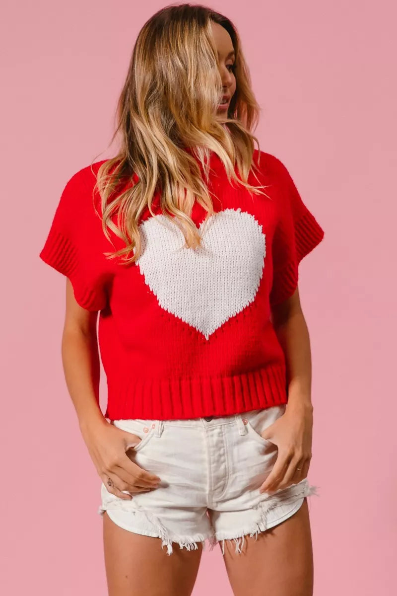 Heart Pattern Rib Banded Sweater in Red and Ivory view 8