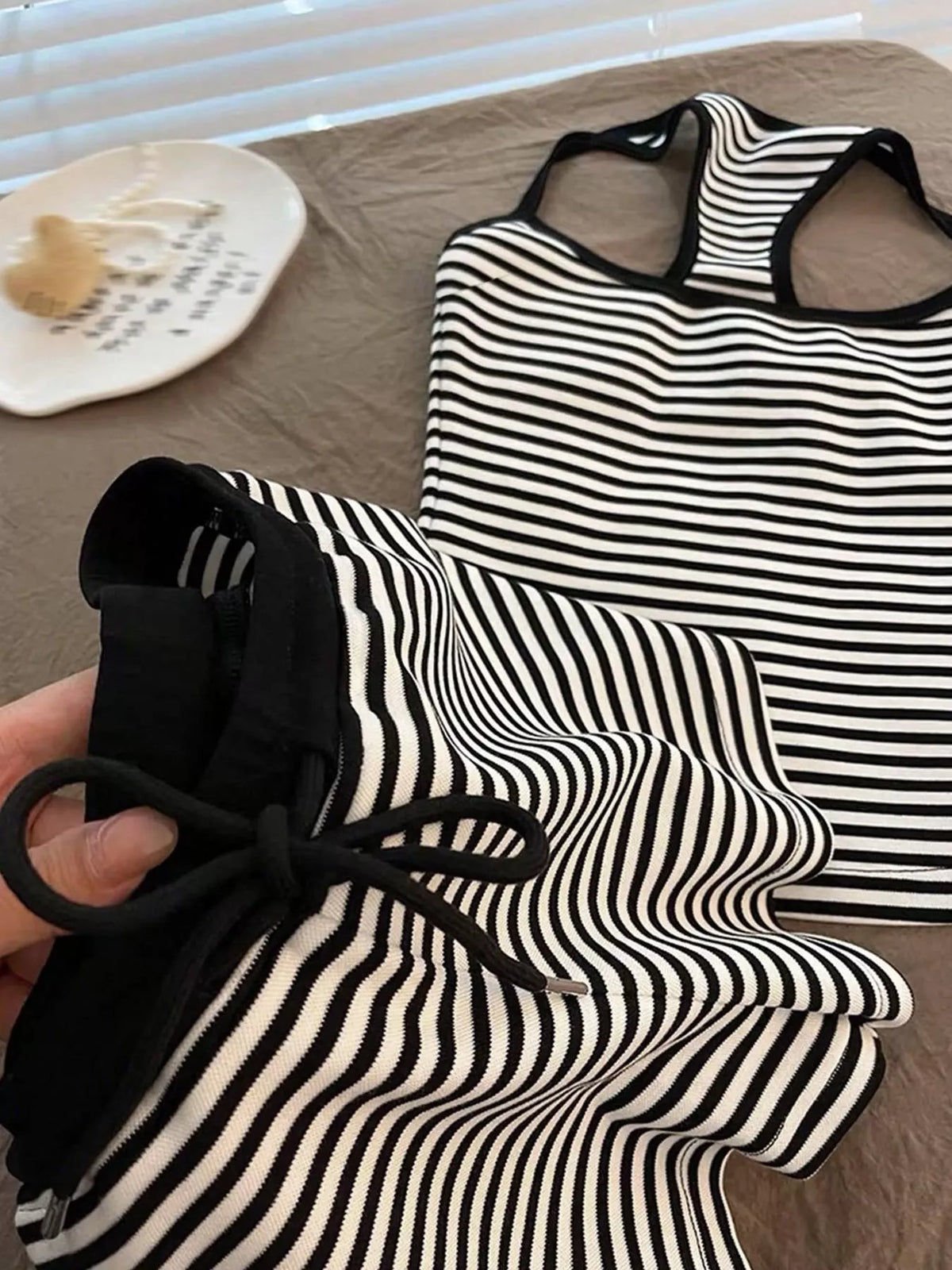 Drawstring shorts from striped tank set