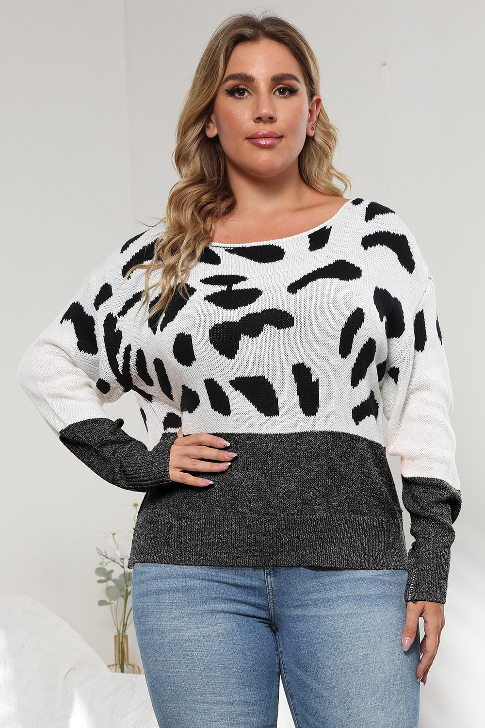 Plus Size Leopard Round Neck Long Sleeve Sweater Black - Fashorio