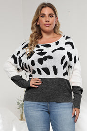Plus Size Leopard Round Neck Long Sleeve Sweater Black - Fashorio