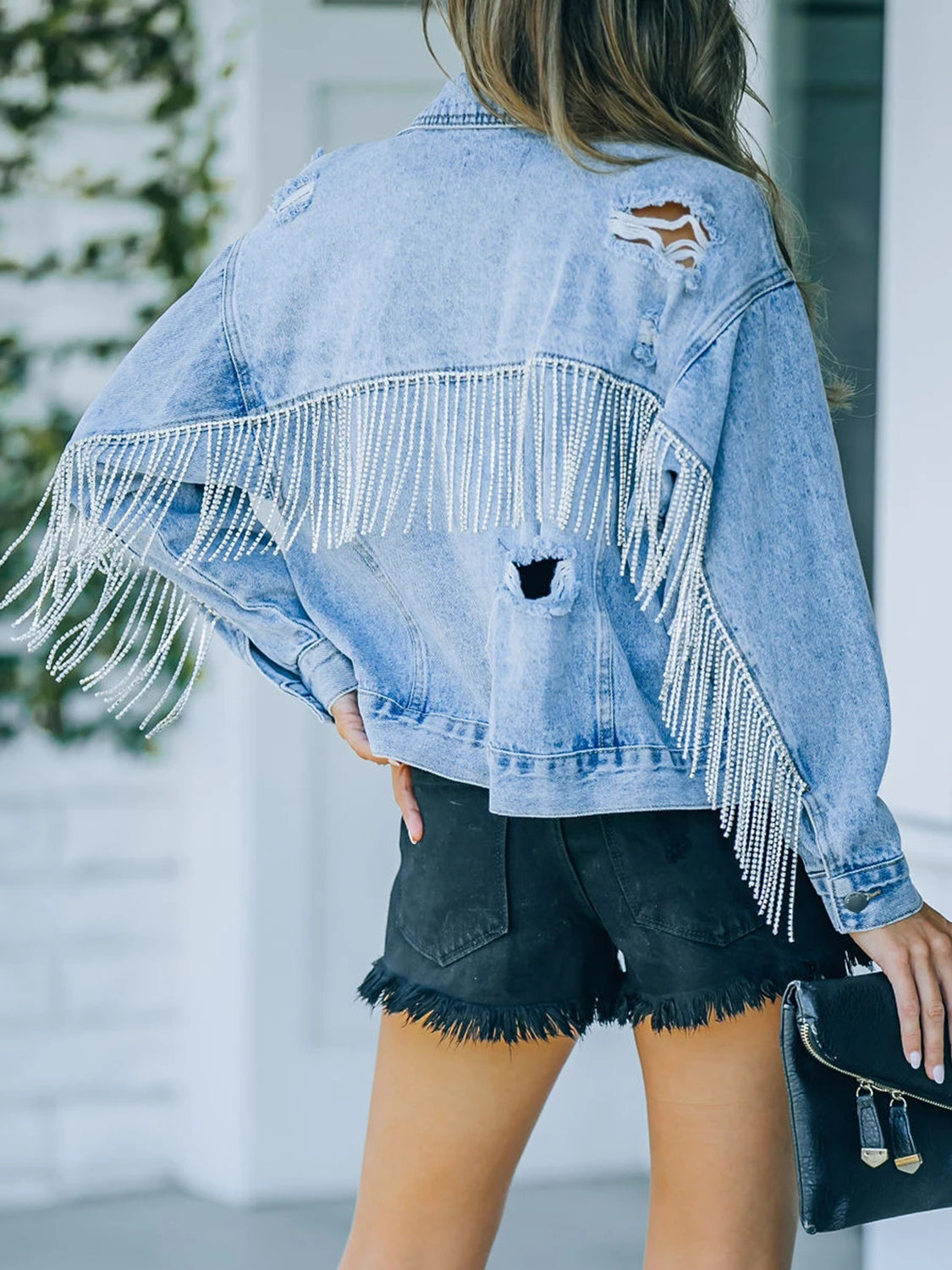Distressed Fringe Denim Jacket - Fashorio