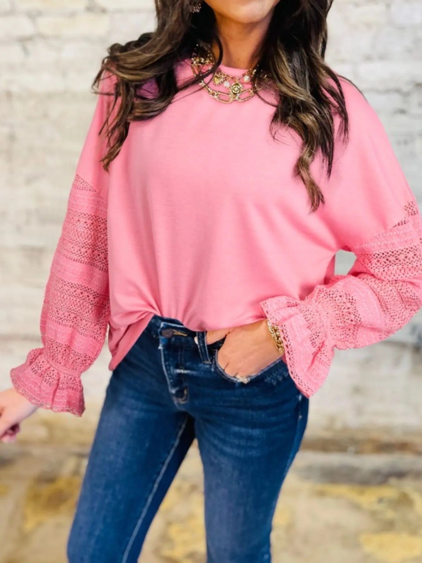Lace Detail Flounce Sleeve Sweatshirt - Fashorio