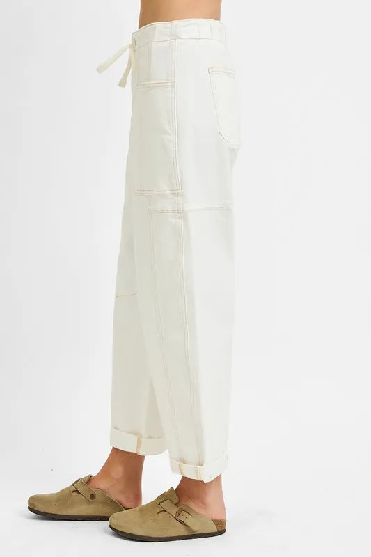 RISEN high rise cargo jeans drawstring waist detail