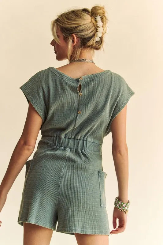 Acid Washed Waffle Knit Cuffed Sleeves Romper back view