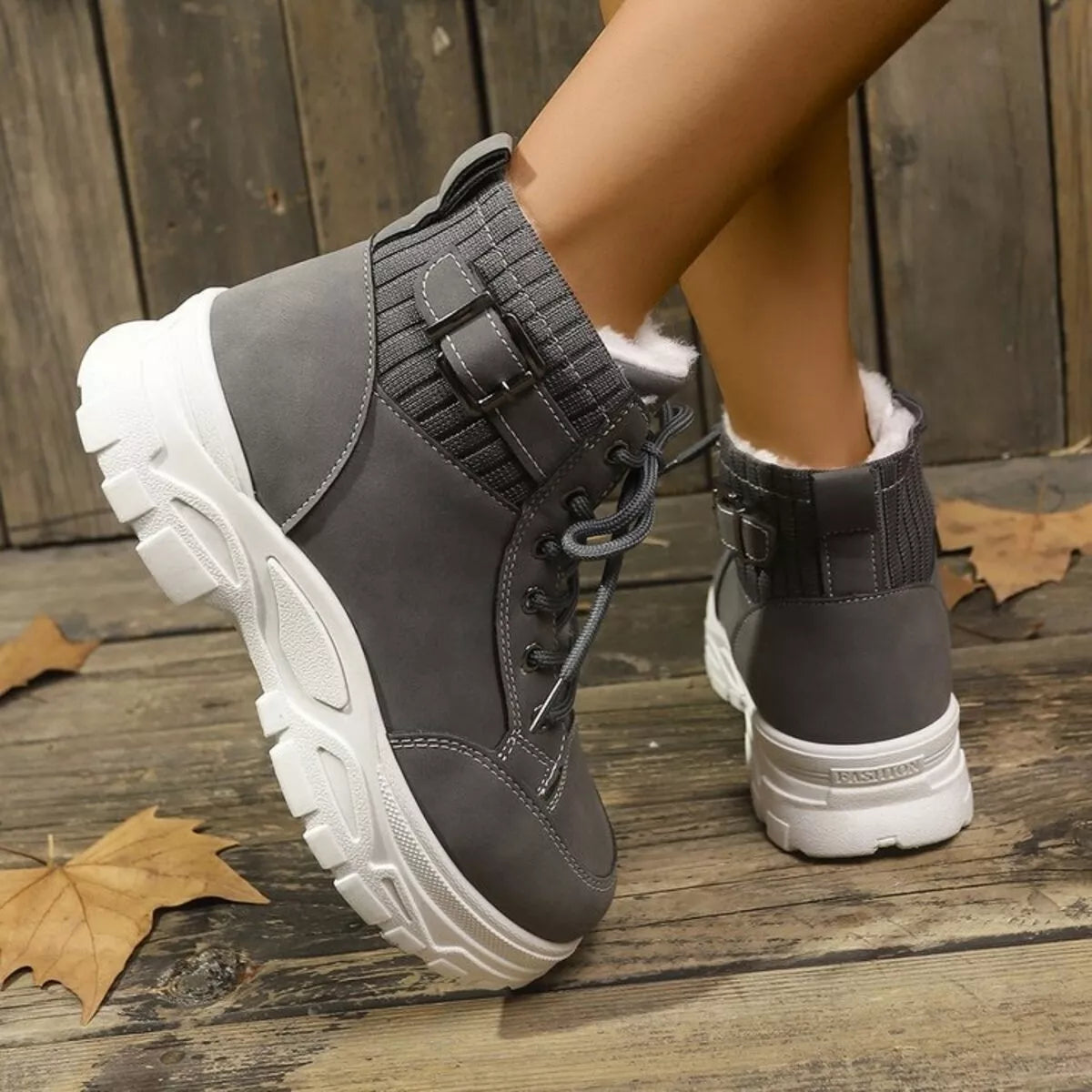 Plush lining lace up boots pair view