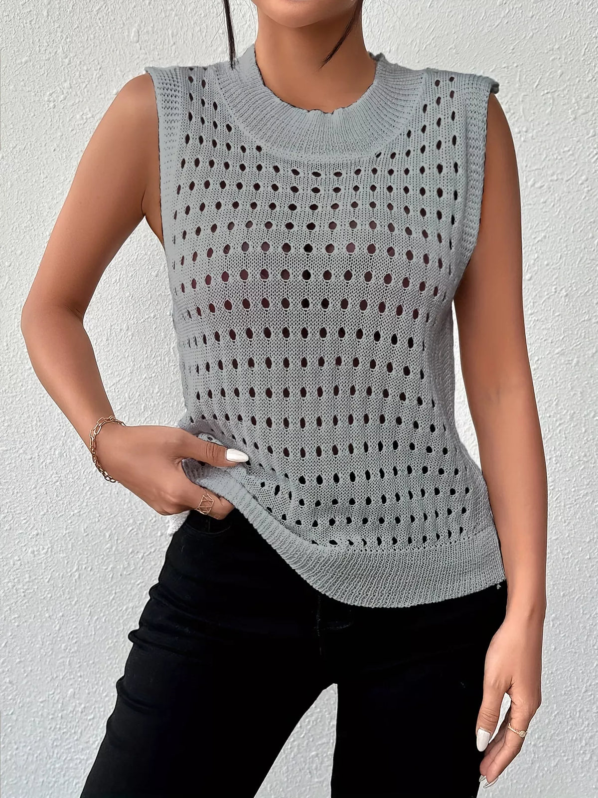 Openwork round neck knit tank detail view