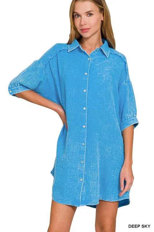 Washed Double Gauze Button Down Shirt Dress in Sky Blue