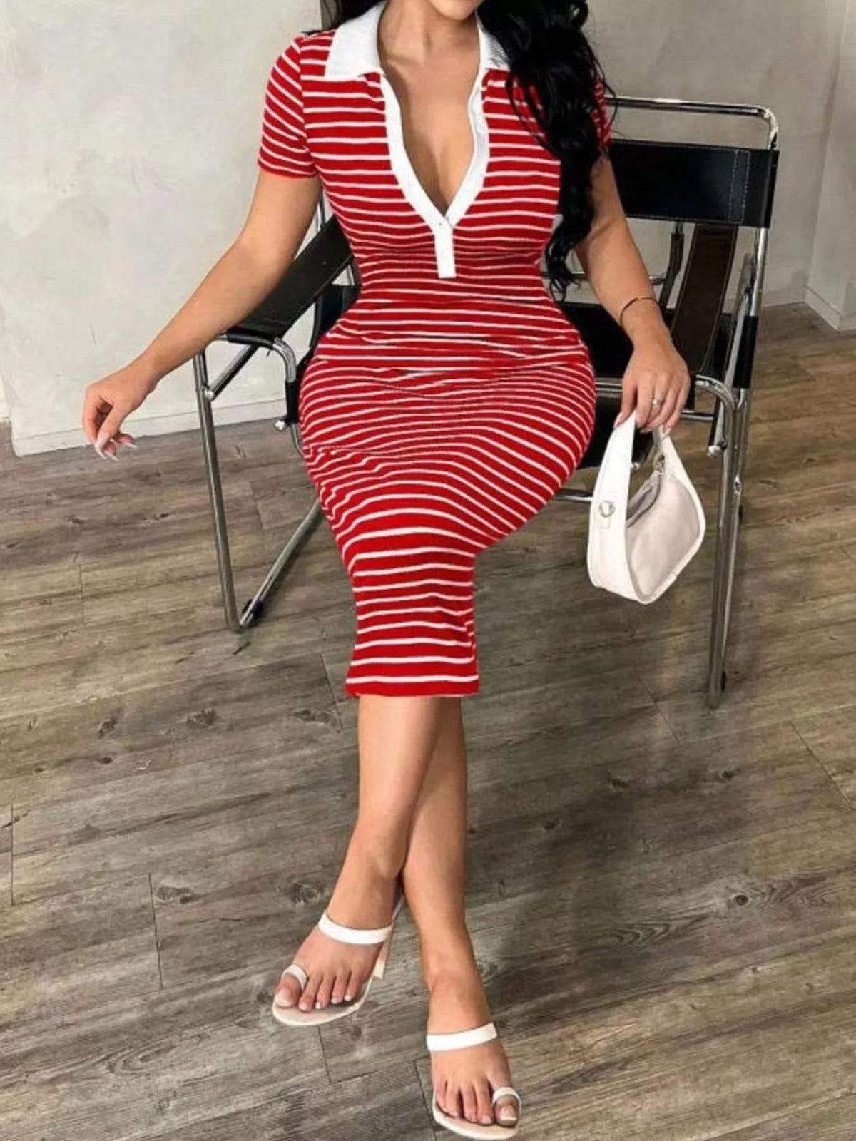 Striped polo collar midi dress detail view