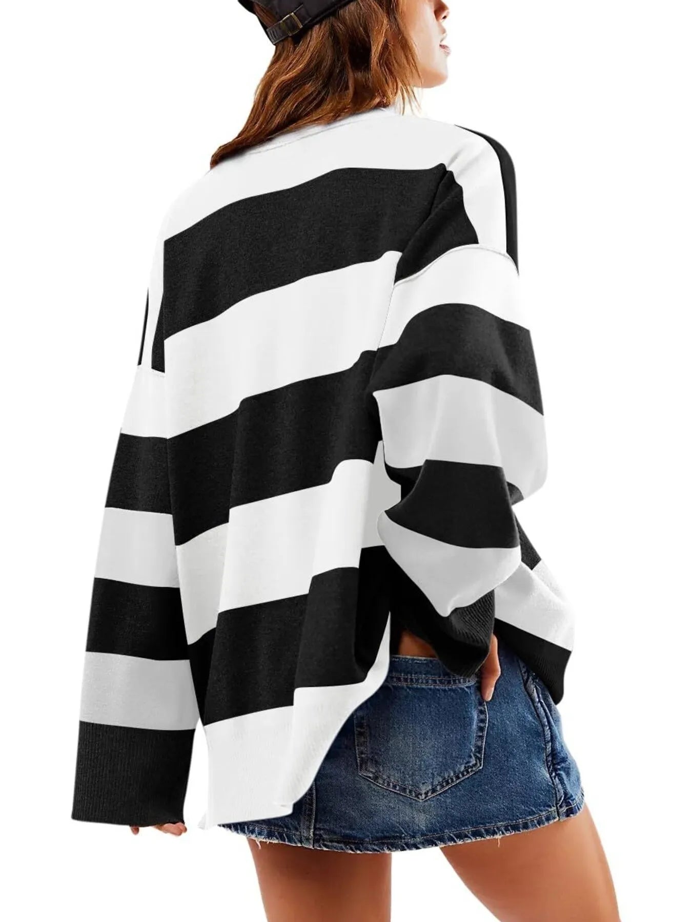 Striped Half-Zip Oversized Sweatshirt - Fashorio