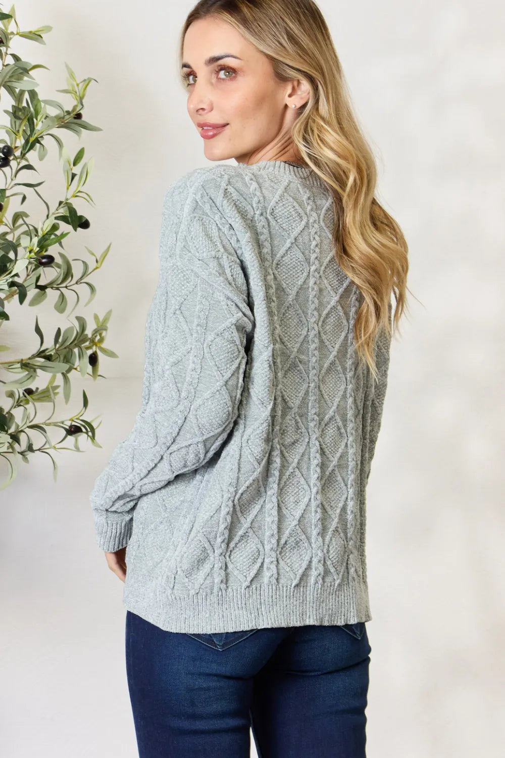 Cable Knit Round Neck Sweater in Dusty Sage detail