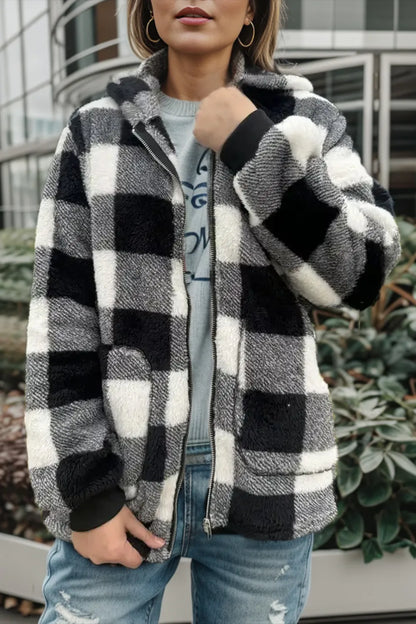Double Take Full Size Plaid Long Sleeve Hooded Coat - Fashorio
