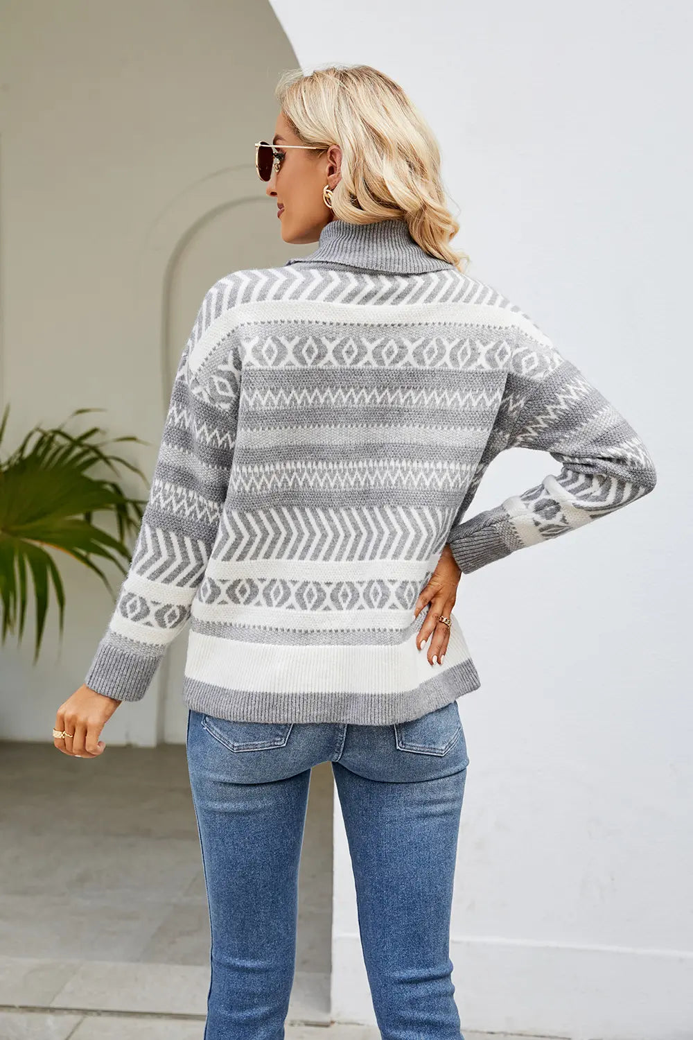 Geometric Turtleneck Long Sleeve Sweater - Fashorio
