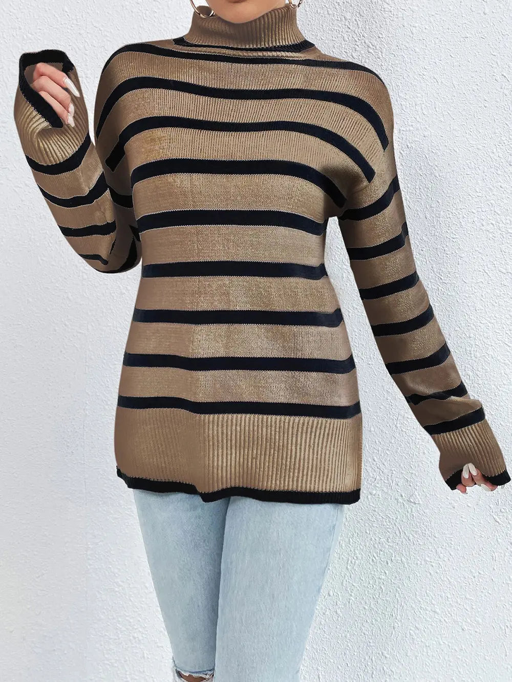 Striped Turtleneck Long Sleeve Sweater Chestnut - Fashorio