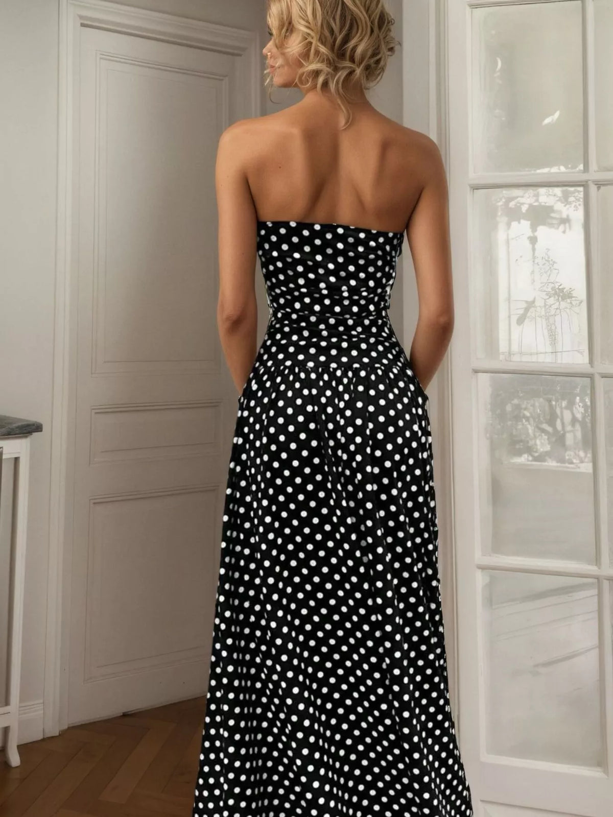 Polka dot strapless maxi dress back view