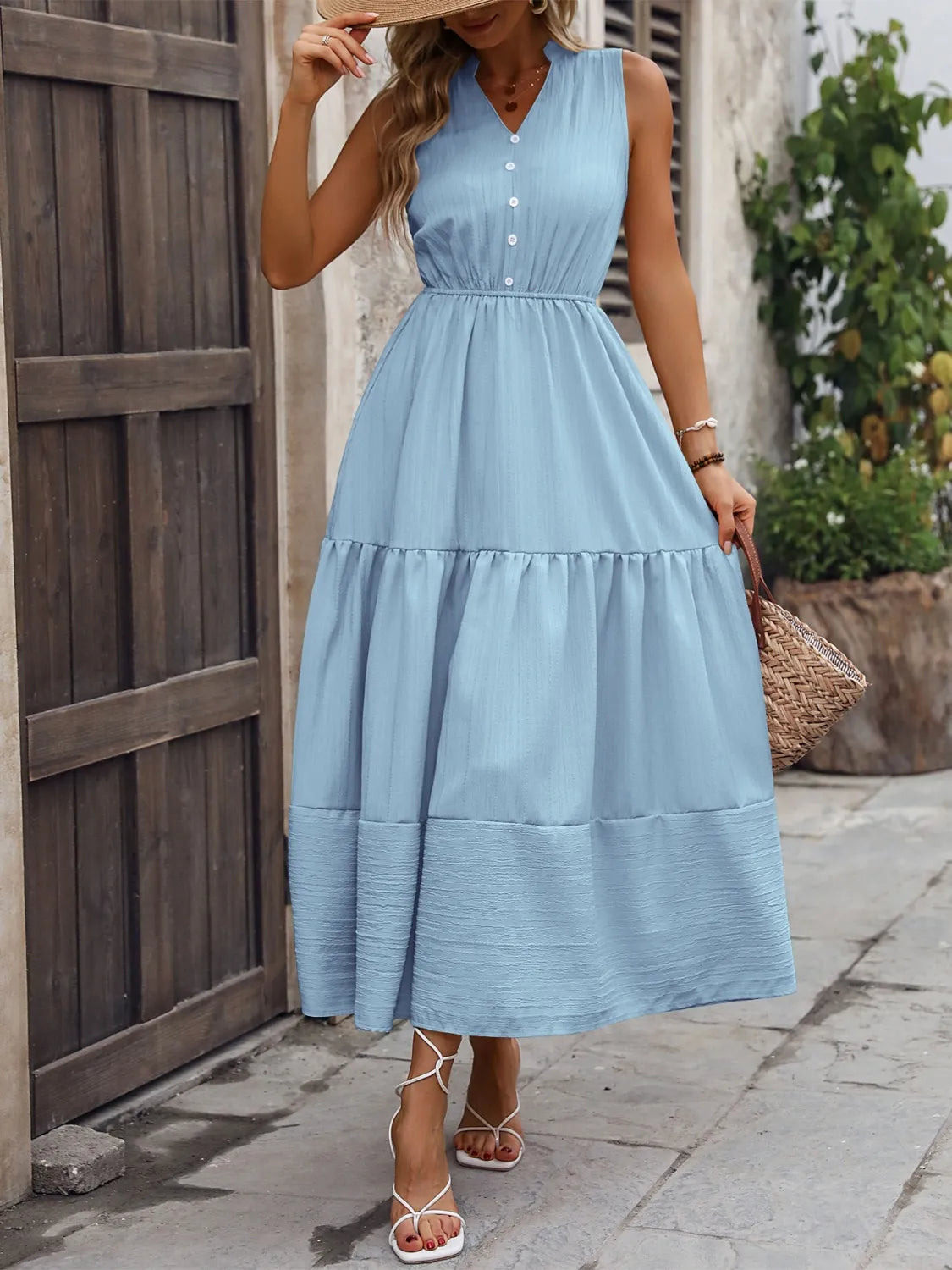 Notched sleeveless maxi tank dress, full length styling