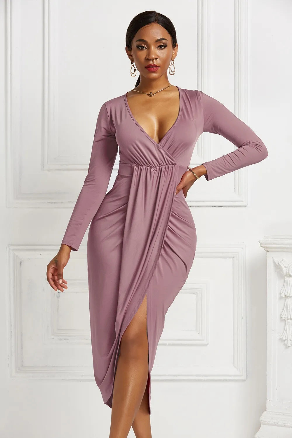 High Low Ruched Surplice Long Sleeve Dress, view 27