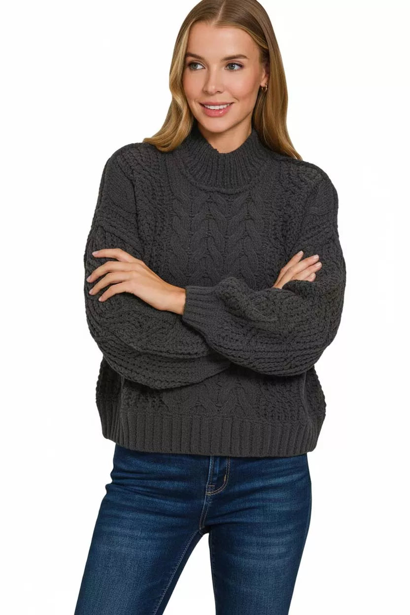 Cable Knit Ribbed Turtleneck Sweater in Black back view