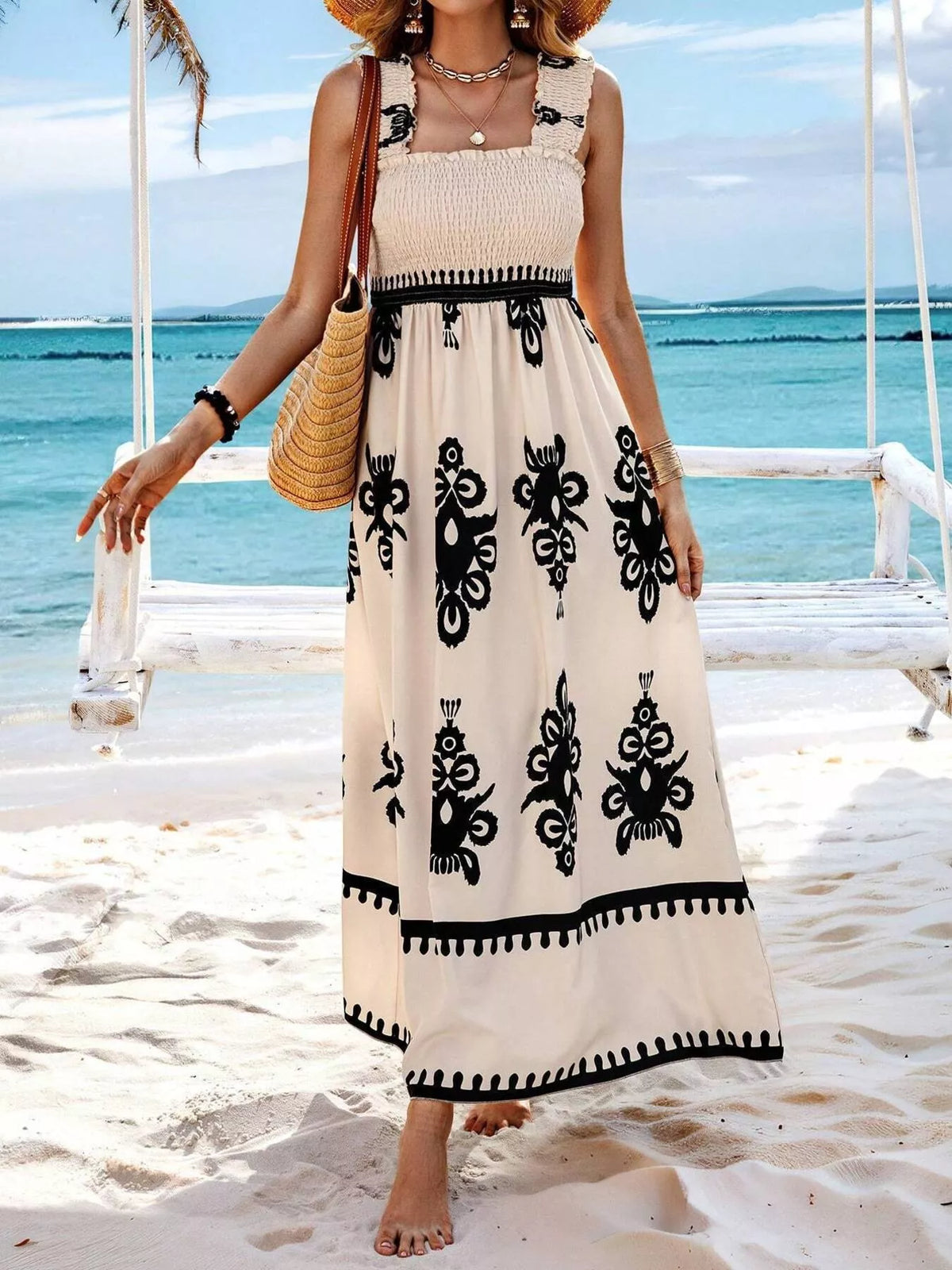 printed square neck smocked maxi dress full length view