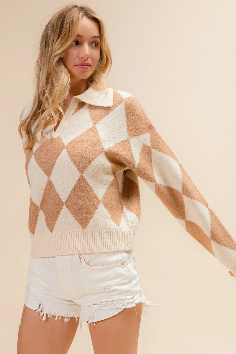 BiBi Diamond Pattern Collared Notch Neck Sweater OATMEAL LATTE - Fashorio