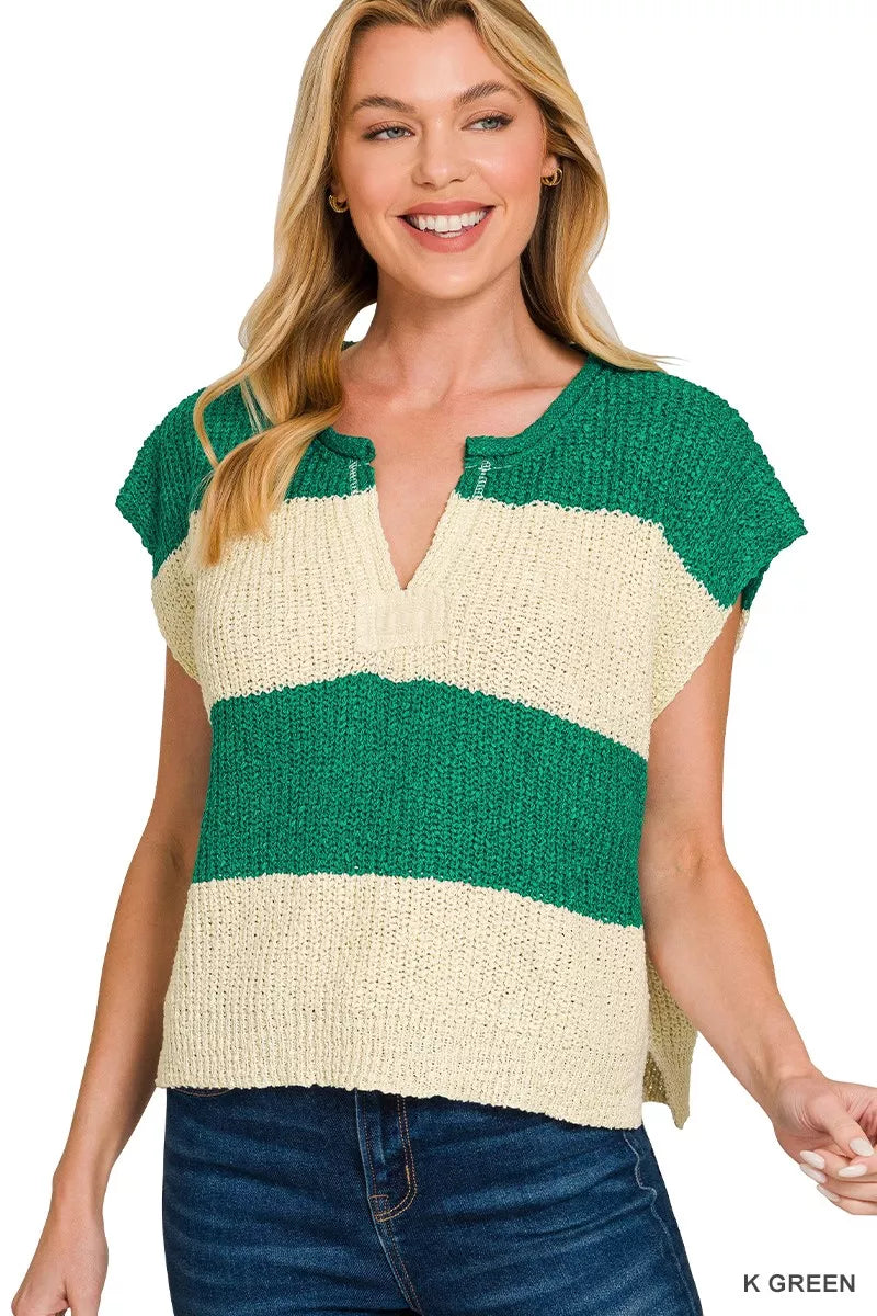 Split Neck Sleeveless Striped Sweater in Green