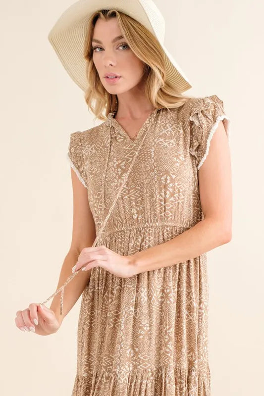 Boho printed tiered maxi dress in taupe styled look