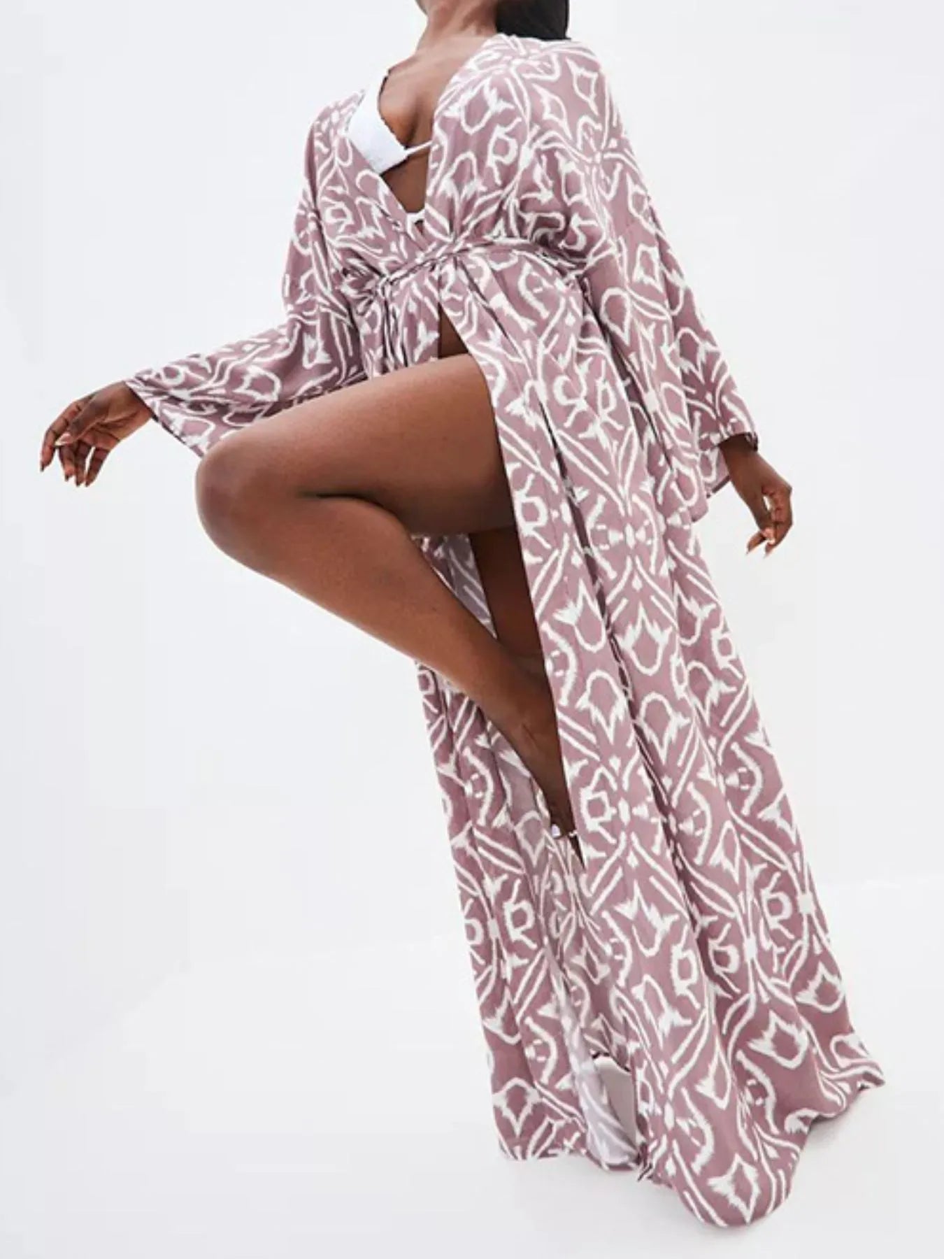 Geometric Print Surplice Beach Cover Up Dress Nude Pink One size fits all - Fashorio