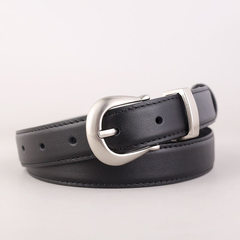 Silver buckle leather belt full length view