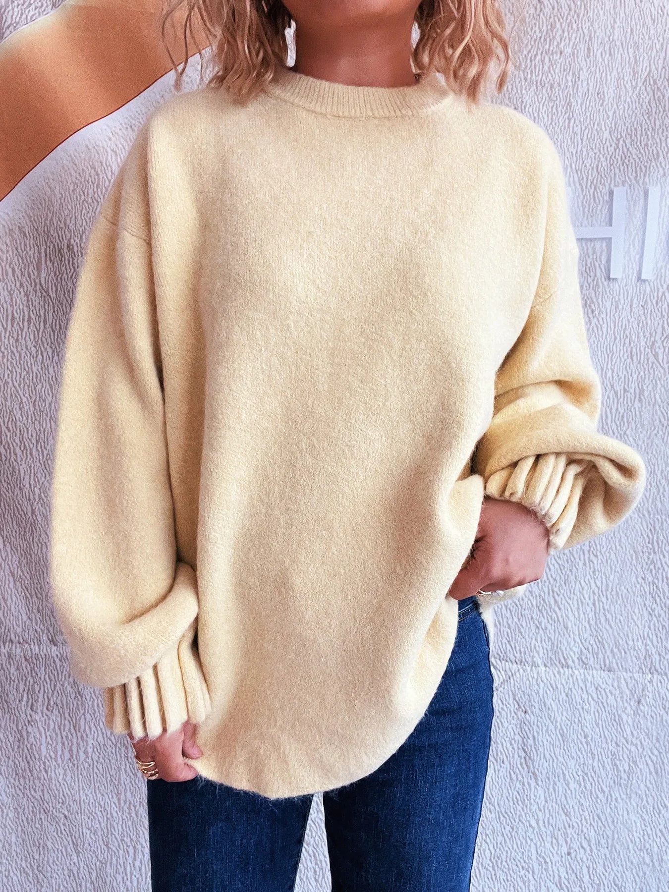 Round Neck Dropped Shoulder Sweater Yellow One Size - Fashorio