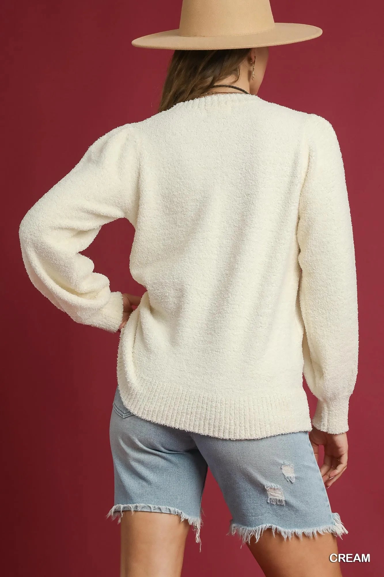 Umgee Textured Long Sleeve Sweater with Ribbed Trim - Fashorio