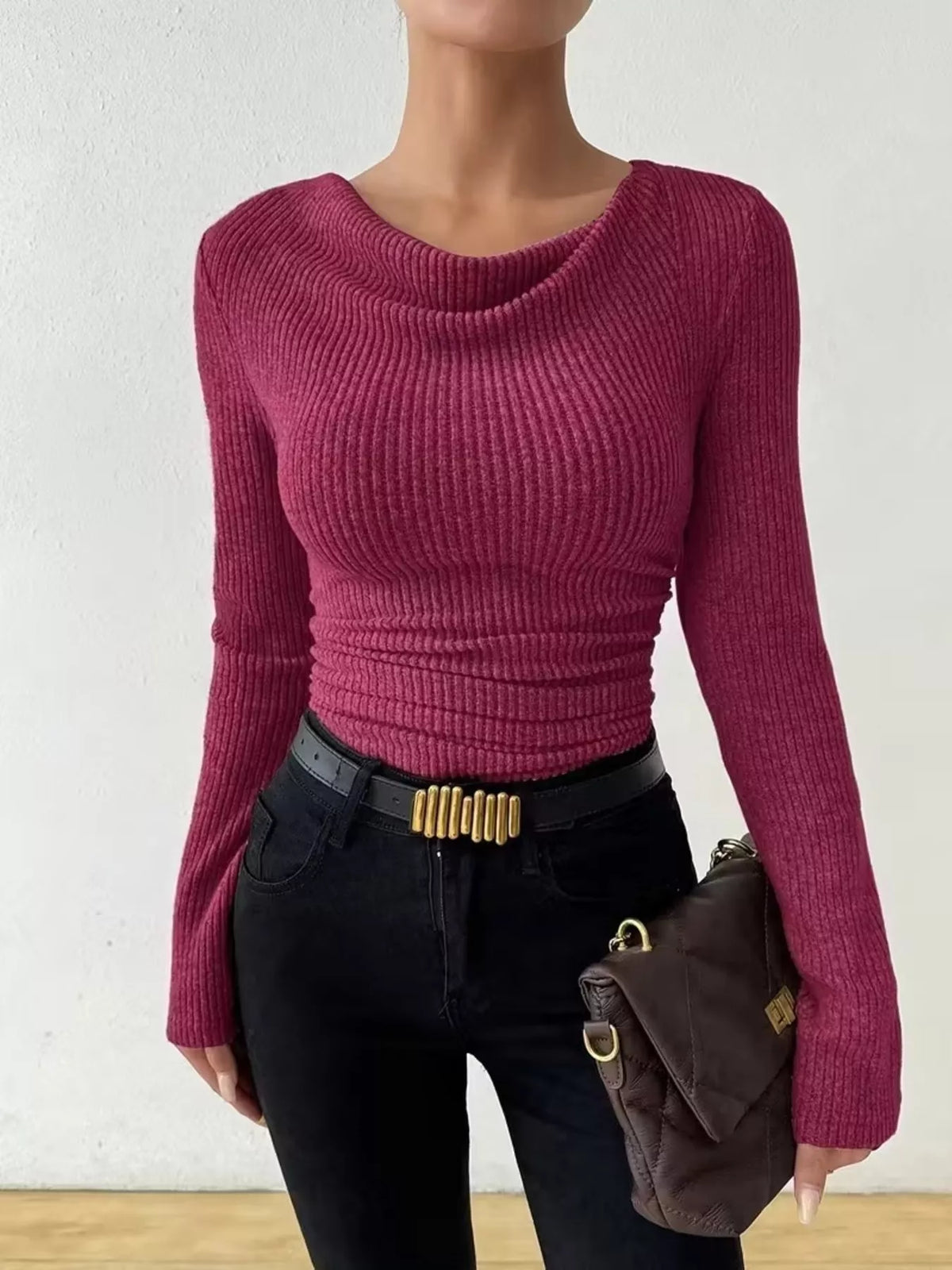 Ribbed sweater styled with trousers