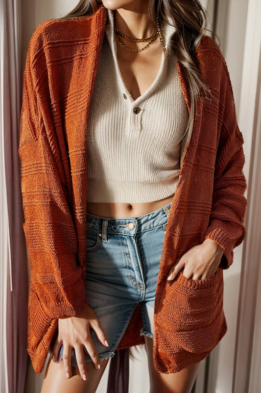 Open Front Textured Cardigan with Pockets Caramel - Fashorio