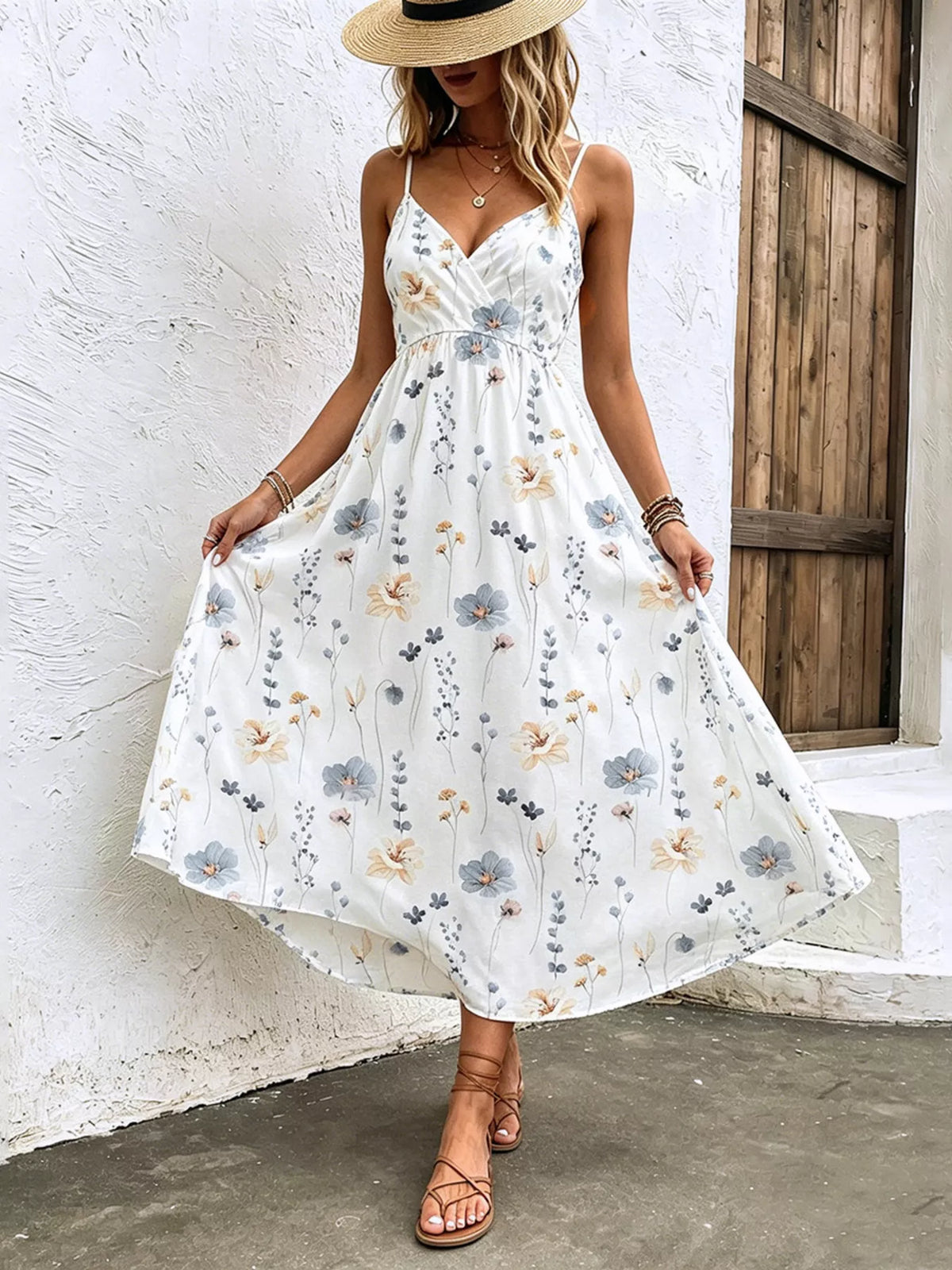 Floral print spaghetti strap midi dress front view