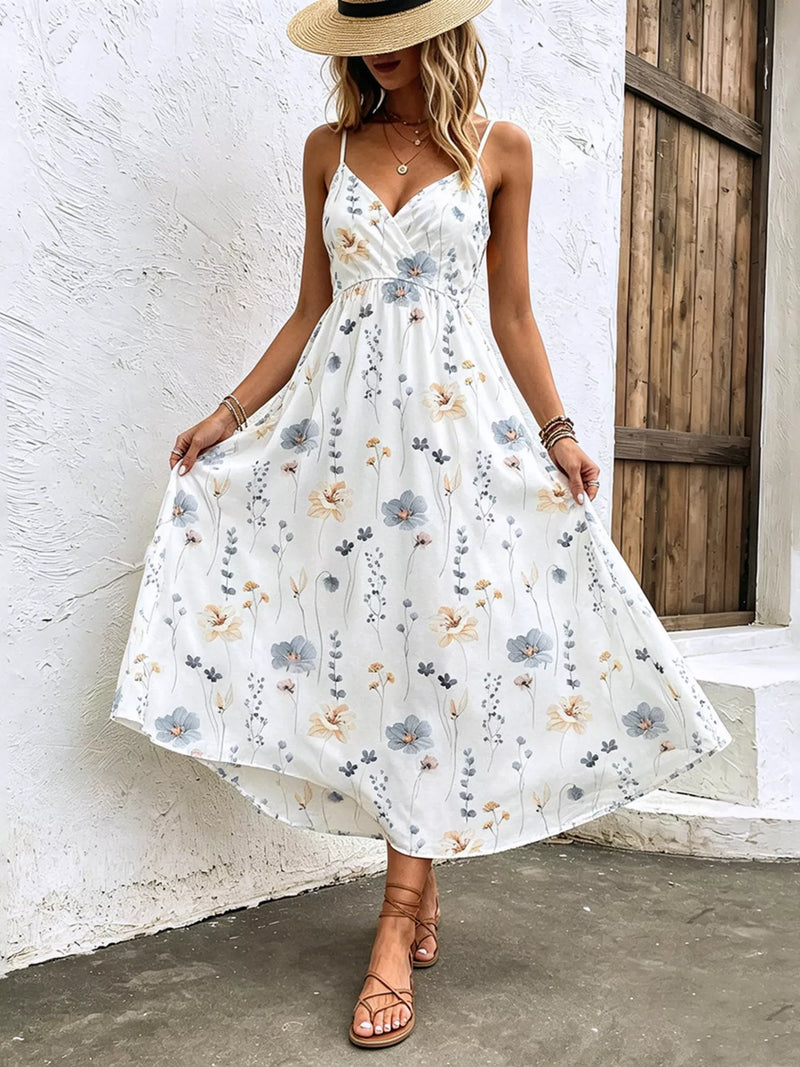 Floral print spaghetti strap midi dress front view