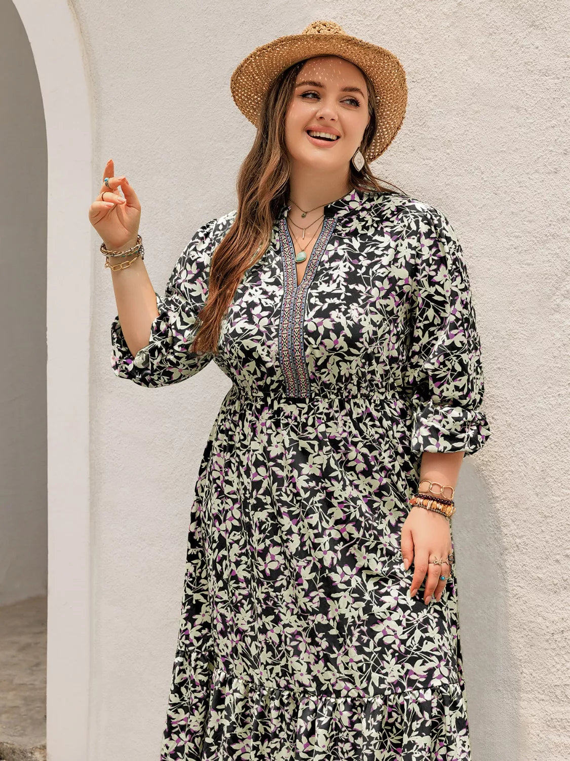 Plus Size Floral Long Sleeve Tiered Maxi Dress, fabric and print detail